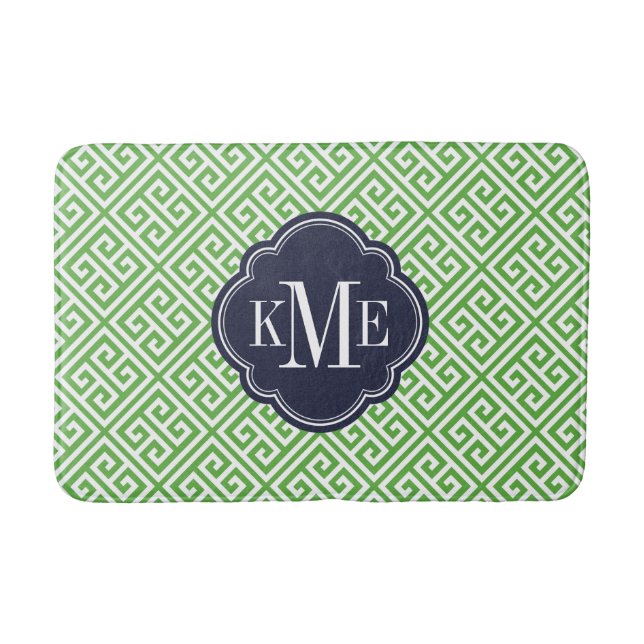 Green and Navy Greek Key Monogram Bath Mat (Front)