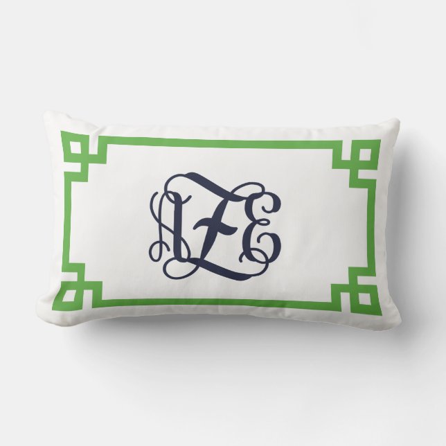 Green and Navy Greek Key Script Monogram AZE Lumbar Pillow (Front)