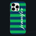 Green and Navy Stripes Custom Script Monogram Name iPhone 16 Pro Case<br><div class="desc">Dress up and protect your iphone with a preppy,  modern and bold striped pattern design that is custom monogrammed with your first name in a lowercase script font.  Dark navy / indigo blue and kelly green horizontal stripes contrasted with white text.</div>