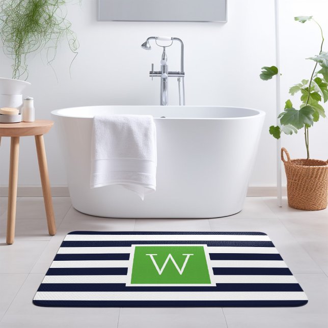 Green and Navy Stripes Monogram Bath Mat (Creator Uploaded)