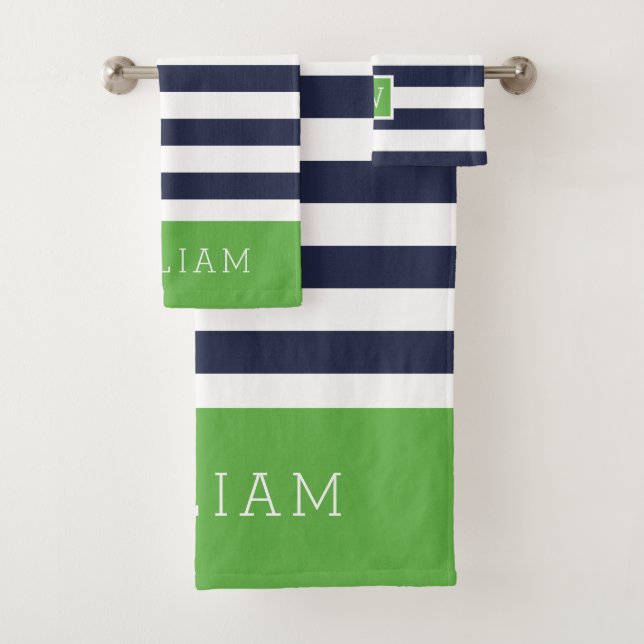 Green and Navy Stripes Monogram Bath Towel Set (Insitu)