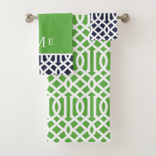 Green and Navy Trellis Monogram Bath Towel Set