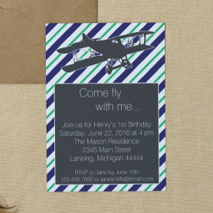 Green and Navy Vintage Airplane Birthday Invite