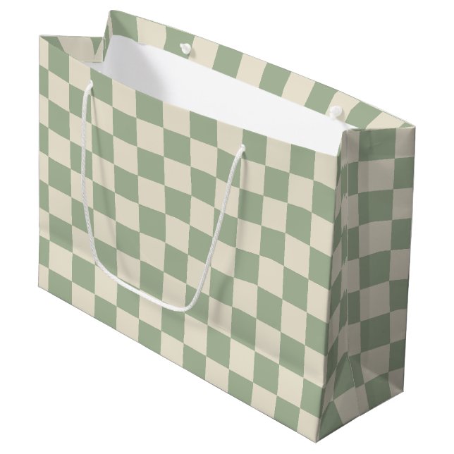 Green and Off White Chequerboard Large Gift Bag (Front Angled)