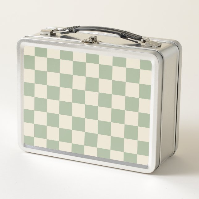 Green and Off White Chequerboard Metal Lunch Box (Front)