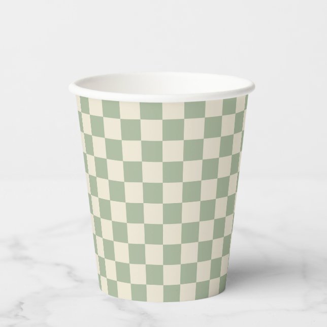 Green and Off White Chequerboard Paper Cups (Front)