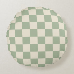 Green and Off White Chequerboard Round Pillow