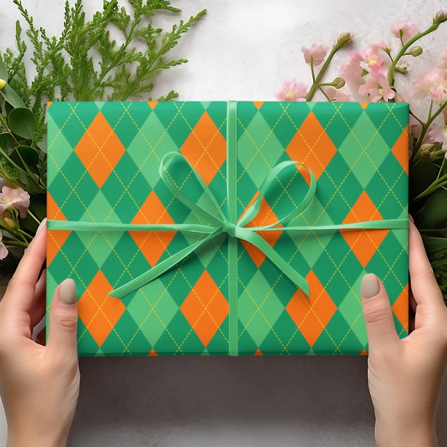 Green and Orange Argyle St. Patrick's Day Pattern Wrapping Paper (Irish Argyle Pattern with Green and Orange Diamonds and Yellow Dotted Lines for St. Patrick's Day)