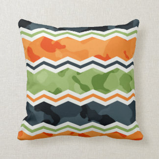 Green and Orange Camo Chevron Stripes Throw Pillow