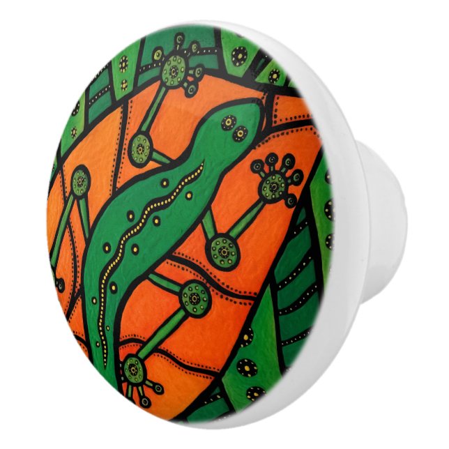 Green And Orange Gecko Lizard Ceramic Knob (Right)