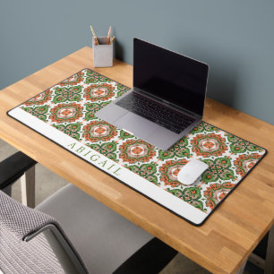 Green and orange Mediterranean tile pattern Desk Mat