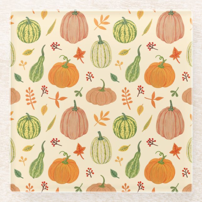 Green and orange pumpkins, seamless pattern. glass coaster (Front)