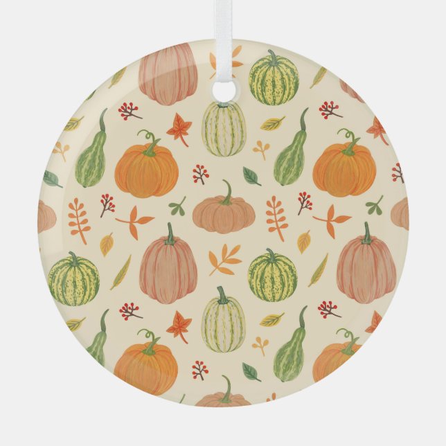 Green and orange pumpkins, seamless pattern. glass ornament (Front)