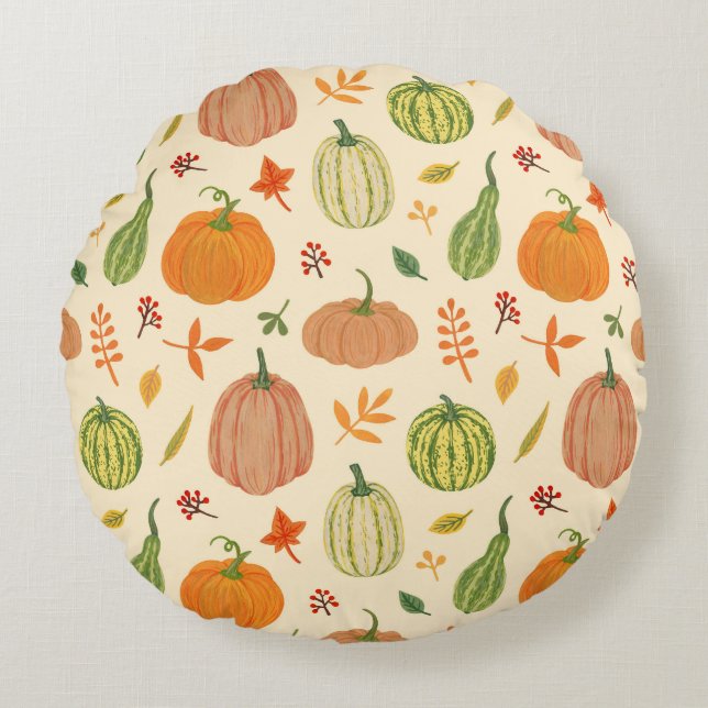 Green and orange pumpkins, seamless pattern. round pillow (Front)