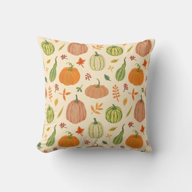 Green and orange pumpkins, seamless pattern. throw pillow (Front)