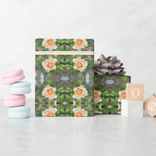 Green and Orange Rose Flower Pattern Floral Wrapping Paper