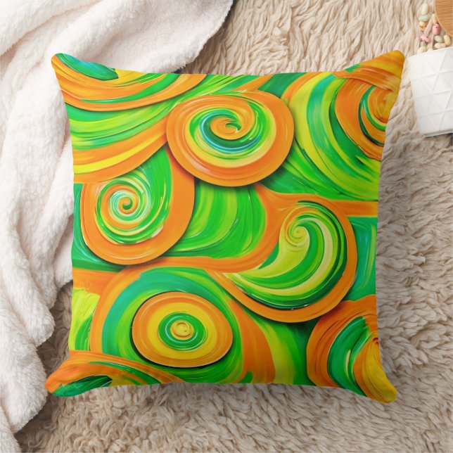 Green and Orange Spiral Throw Pillow (Blanket)