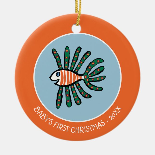 Green and Orange Twin Fin Fish Ceramic Ornament (Front)