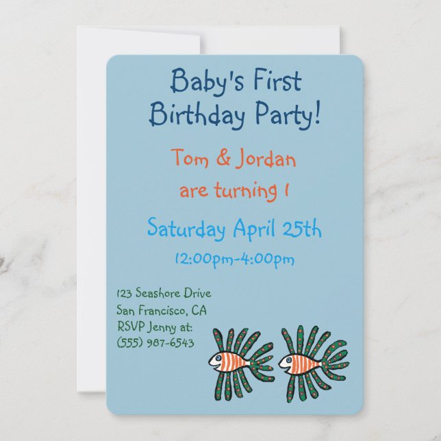 Green and Orange Twin Fin Fish Invitation (Front)