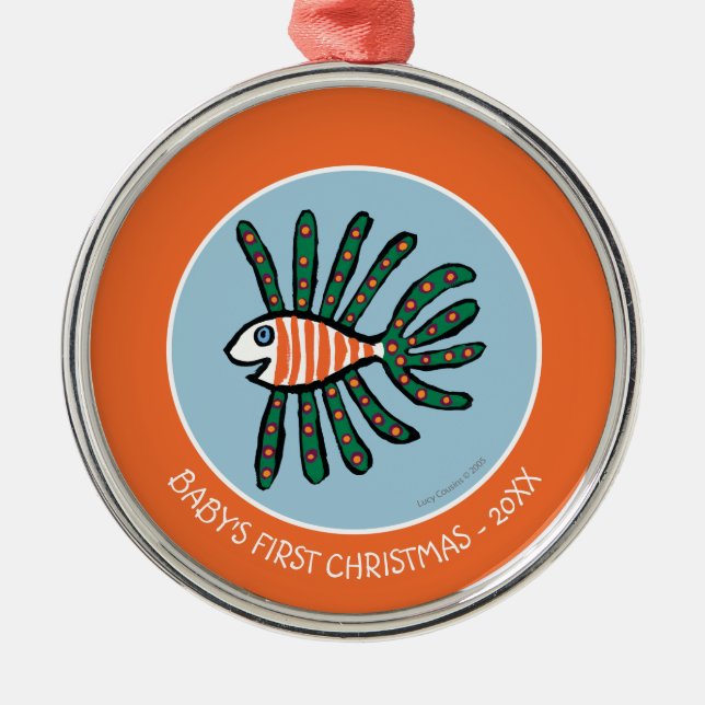 Green and Orange Twin Fin Fish Metal Ornament (Front)
