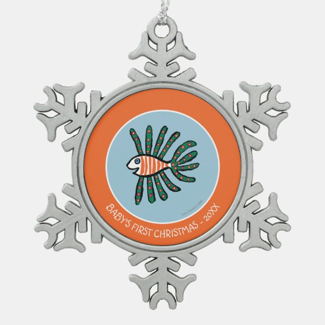Green and Orange Twin Fin Fish Snowflake Pewter Christmas Ornament (Front)