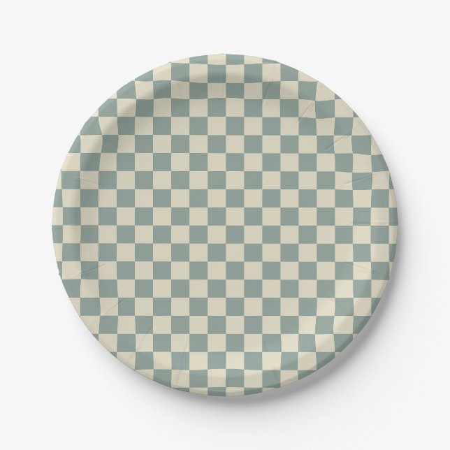 Green and Pale Yellow Chequerboard Paper Plate (Front)