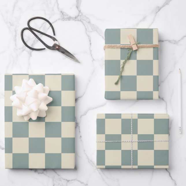 Green and Pale Yellow Chequerboard Wrapping Paper Sheet (Front)