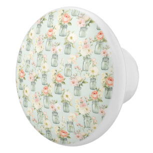 Green and Peach Mason Jars Floral Ceramic Pull