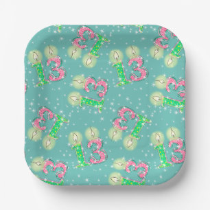 Green and Pink 13th Birthday Paper Plate