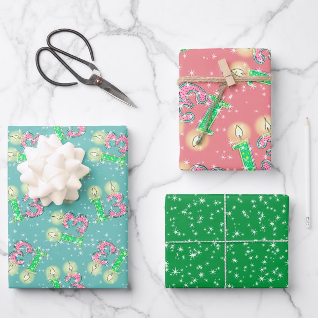 Green and Pink 13th Birthday Wrapping Paper (Front)