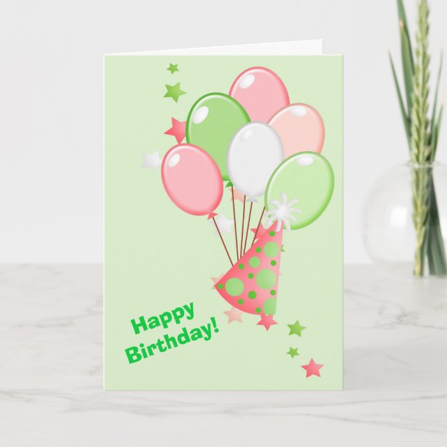 Green and Pink Birthday Balloons Card (Front)