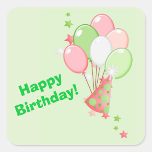 Green and Pink Birthday Balloons Square Sticker