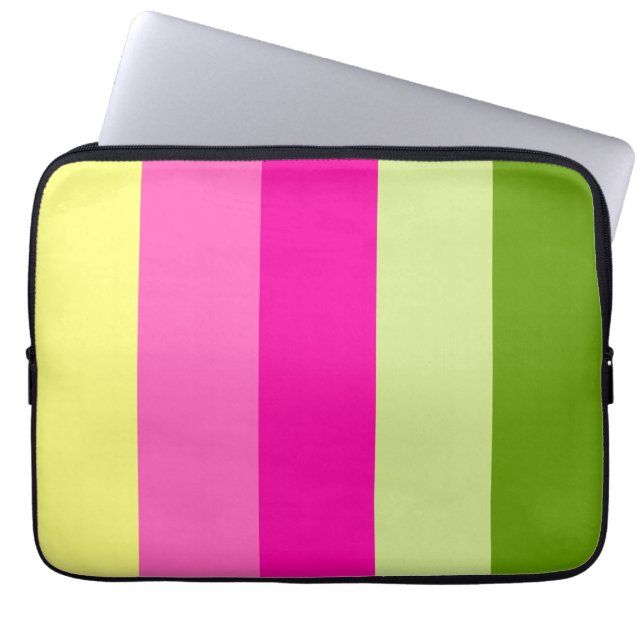 Green and Pink Colour Block Striped Laptop Case (Front)