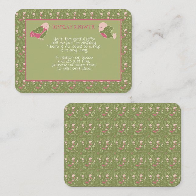 Green and Pink Cute Birds Baby Girl Display Shower Enclosure Card (Front/Back)