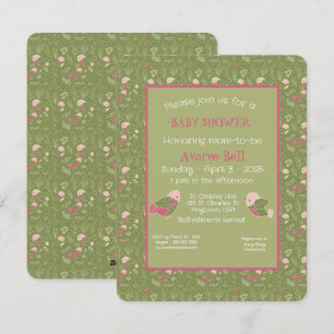 Green and Pink Cute Birds Baby Girl Shower Holiday Card