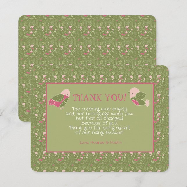 Green and Pink Cute Birds Baby Shower Thank You (Front/Back)