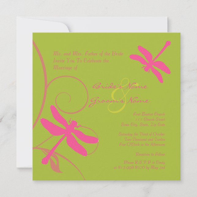 Green and Pink Dragonfly Wedding Invitation (Front)