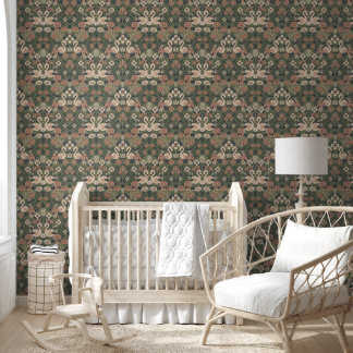 Green and Pink Flamingo Floral Damask Wallpaper