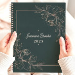 Green And Pink Floral Border 2025 Custom Name Planner<br><div class="desc">Step into a world of botanical beauty with this elegant planner. A graceful floral border in soft pink graces the deep green cover, creating a haven of tranquillity for your thoughts and plans. Imagine yourself jotting down your dreams and appointments amidst a garden of inspiration. Personalize it with your name...</div>