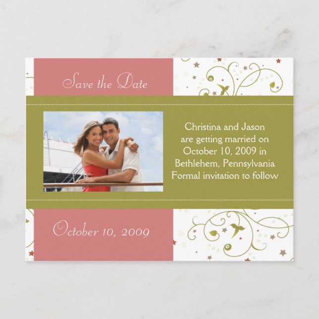 Green and Pink Floral Save the Date Announcement (Front)