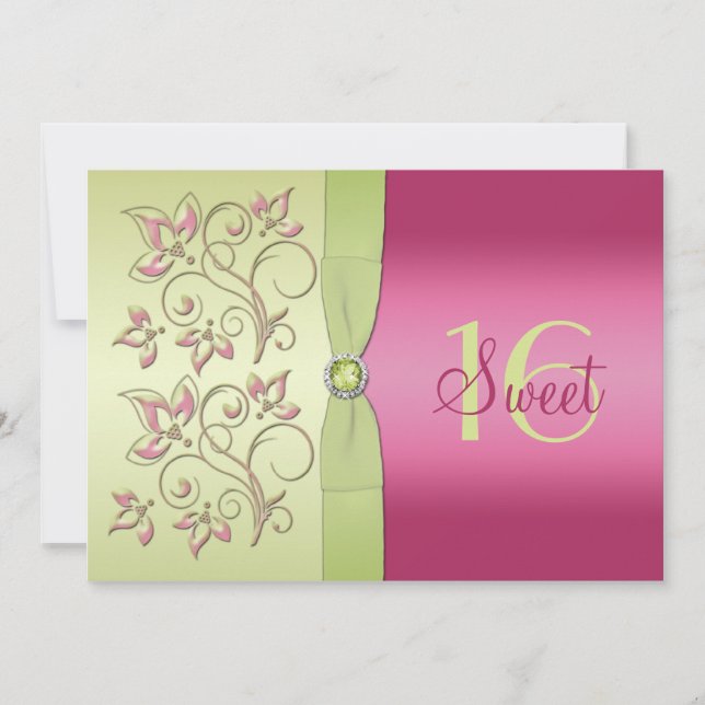 Green and Pink Floral Sweet Sixteen Invitation (Front)