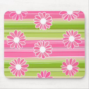 Green and pink flowers with stripes mouse pad