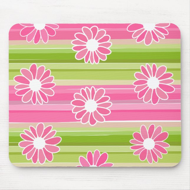 Green and pink flowers with stripes mouse pad (Front)