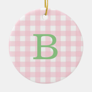 Green and Pink Gingham Monogram Ceramic Ornament