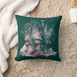 Green and Pink Haunted House Green Halloween Throw Pillow