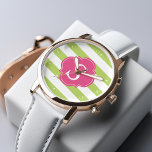 Green and Pink Horizontal Stripes Monogram Watch<br><div class="desc">Modern and chic horizontal stripes and quatrefoil monogram design can be personalized with your monogram,  initials,  name,  or any text of your choice.</div>