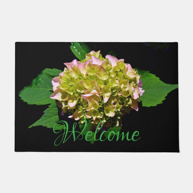 Green and Pink Hydrangea pink green flowers Doormat (Front)