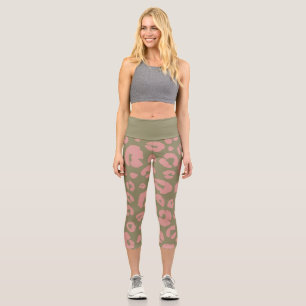 Green and Pink Modern Leopard Pattern Capri Leggings