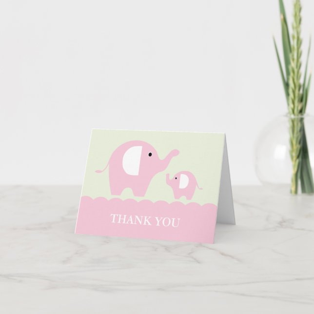 Green and Pink Mom and Baby Elephants Thank You Card (Front)