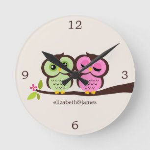 Green and Pink Owl Couple Round Clock
